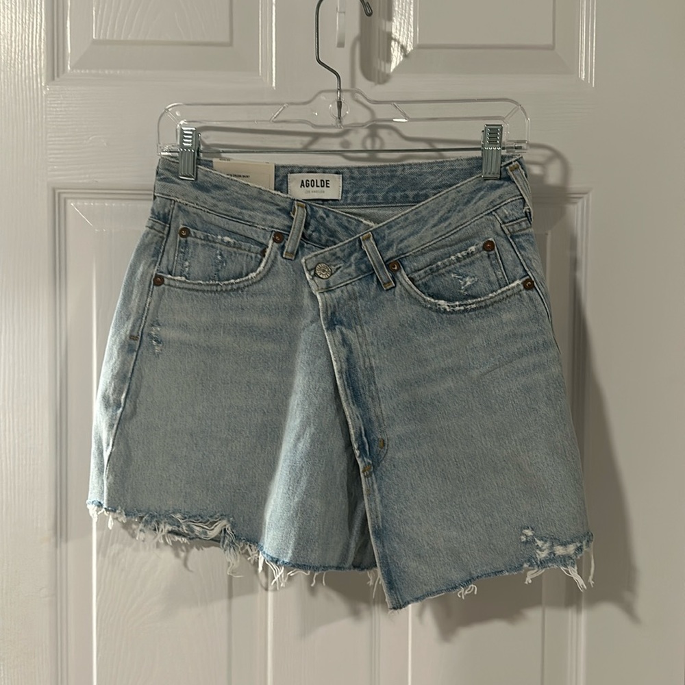 Agolde Light Blue Distressed Mini Skirt